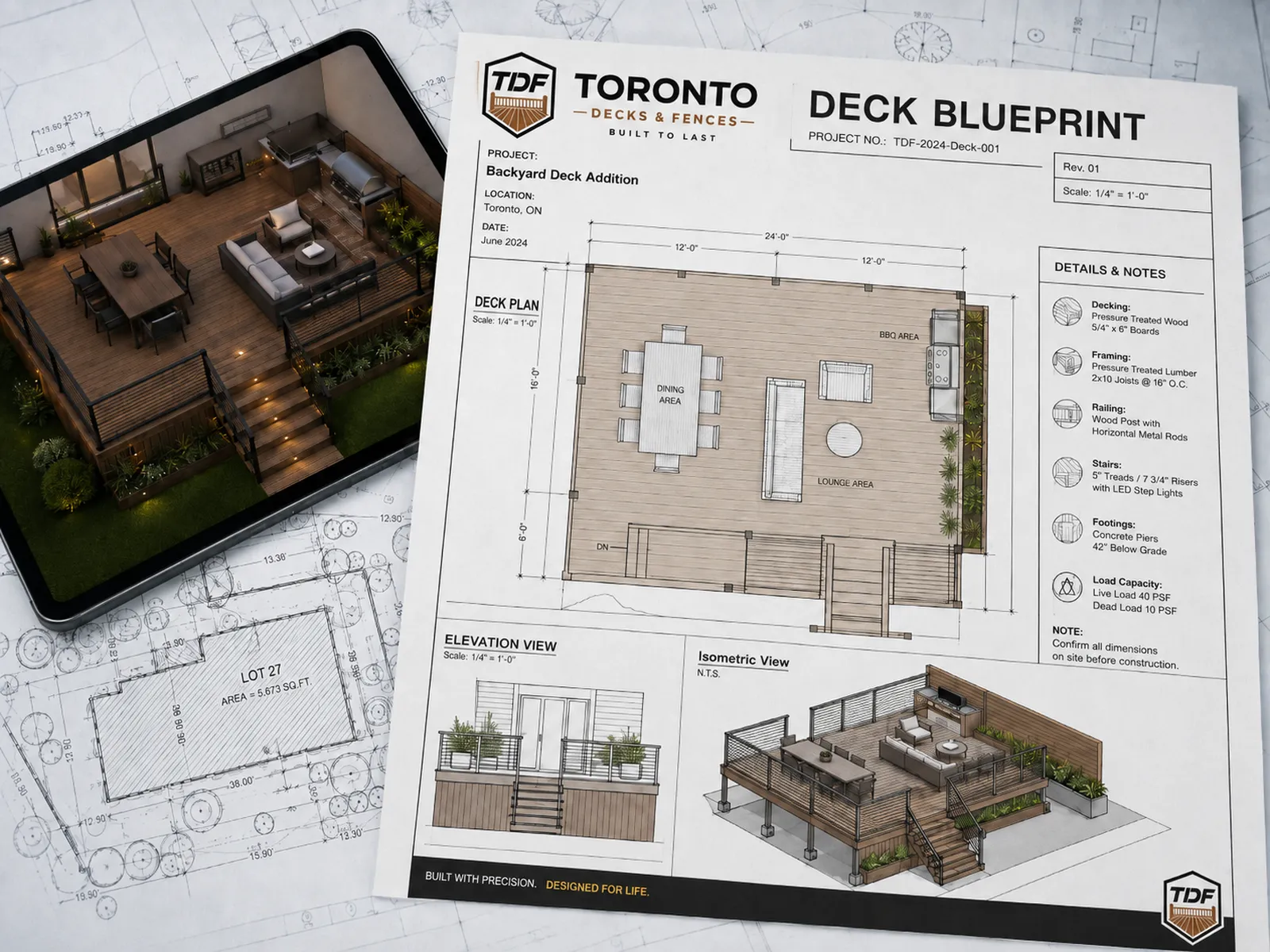Toronto Decks and Fences deck blueprint with plan, elevation and isometric views