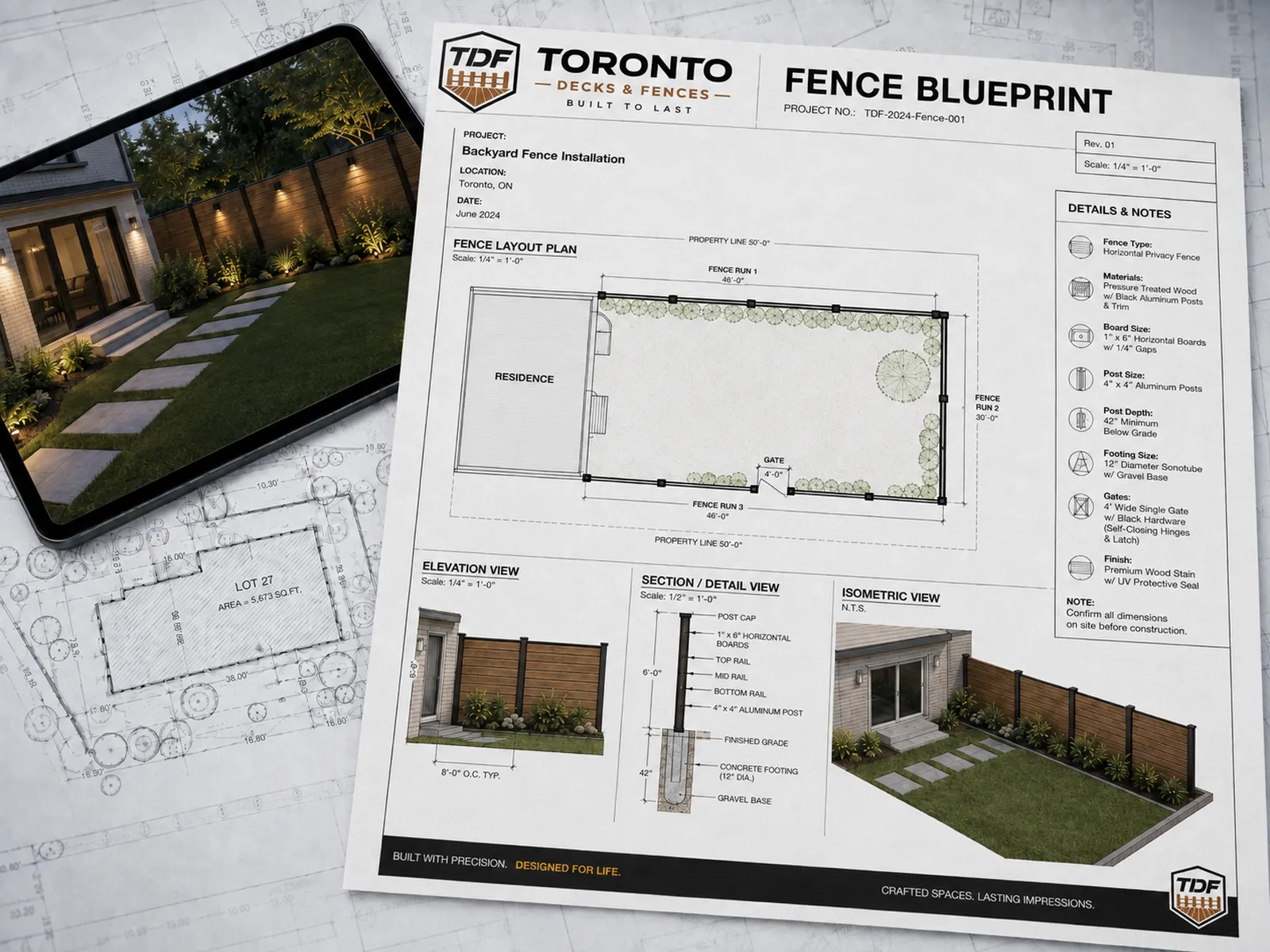 Sample fence blueprint: layout plan, section detail and isometric view with post and footing specs