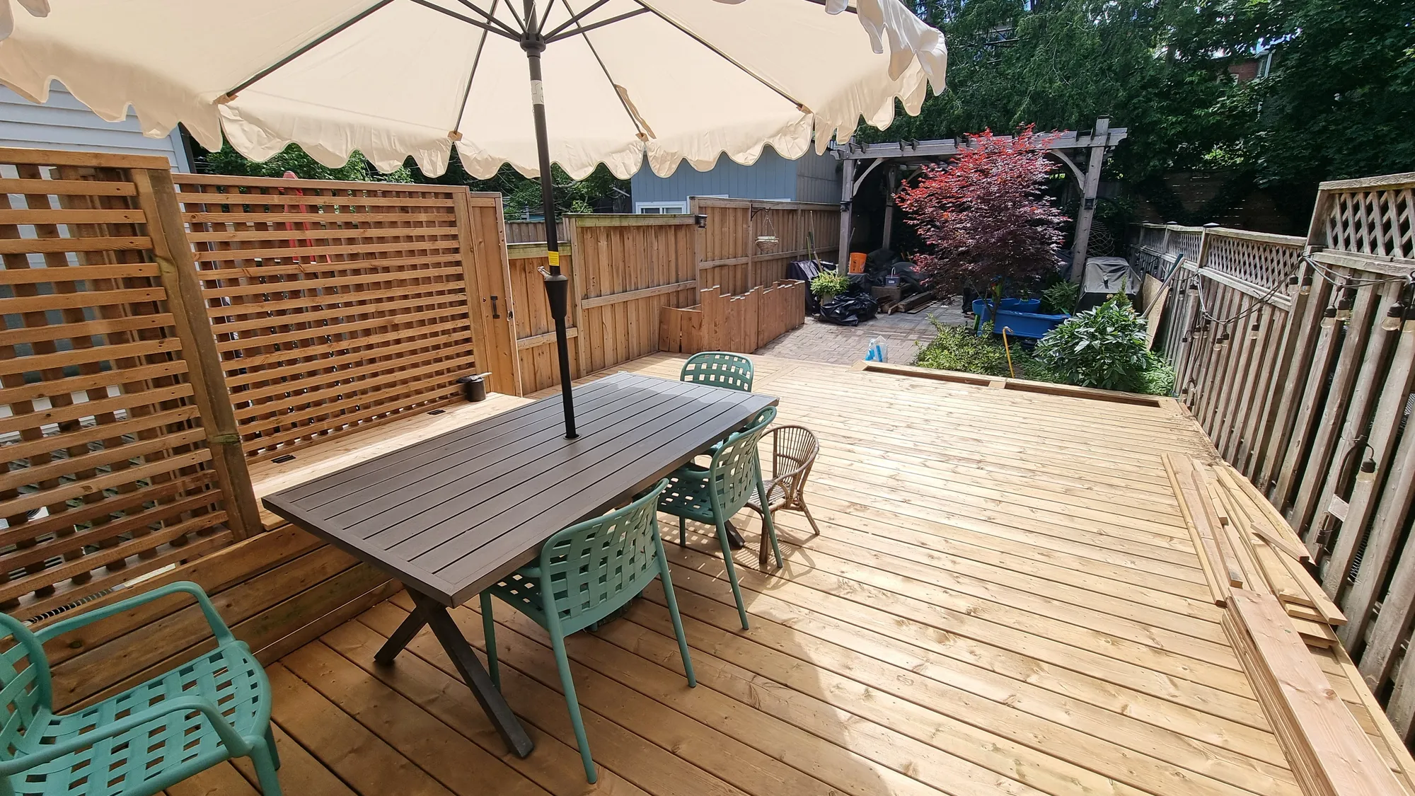 Finished pressure-treated deck with privacy screens and dining area, one of our Toronto builds