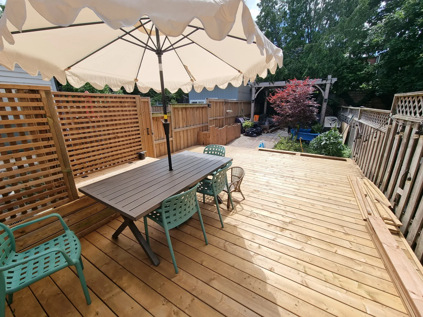Finished backyard deck with patio umbrella, dining table, and cedar lattice privacy screens in Toronto